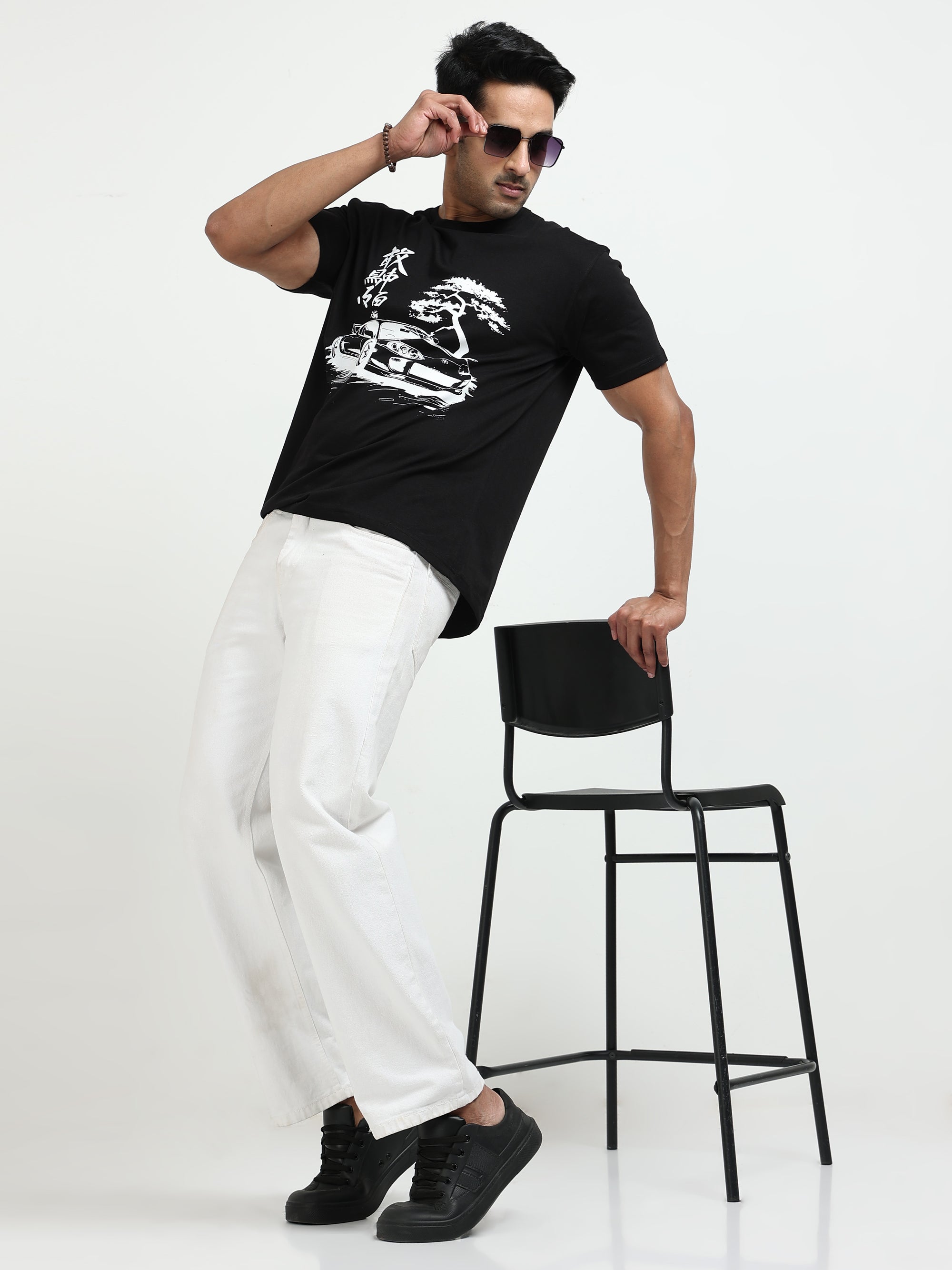 Black Round Neck Bio Wash Single Jersey