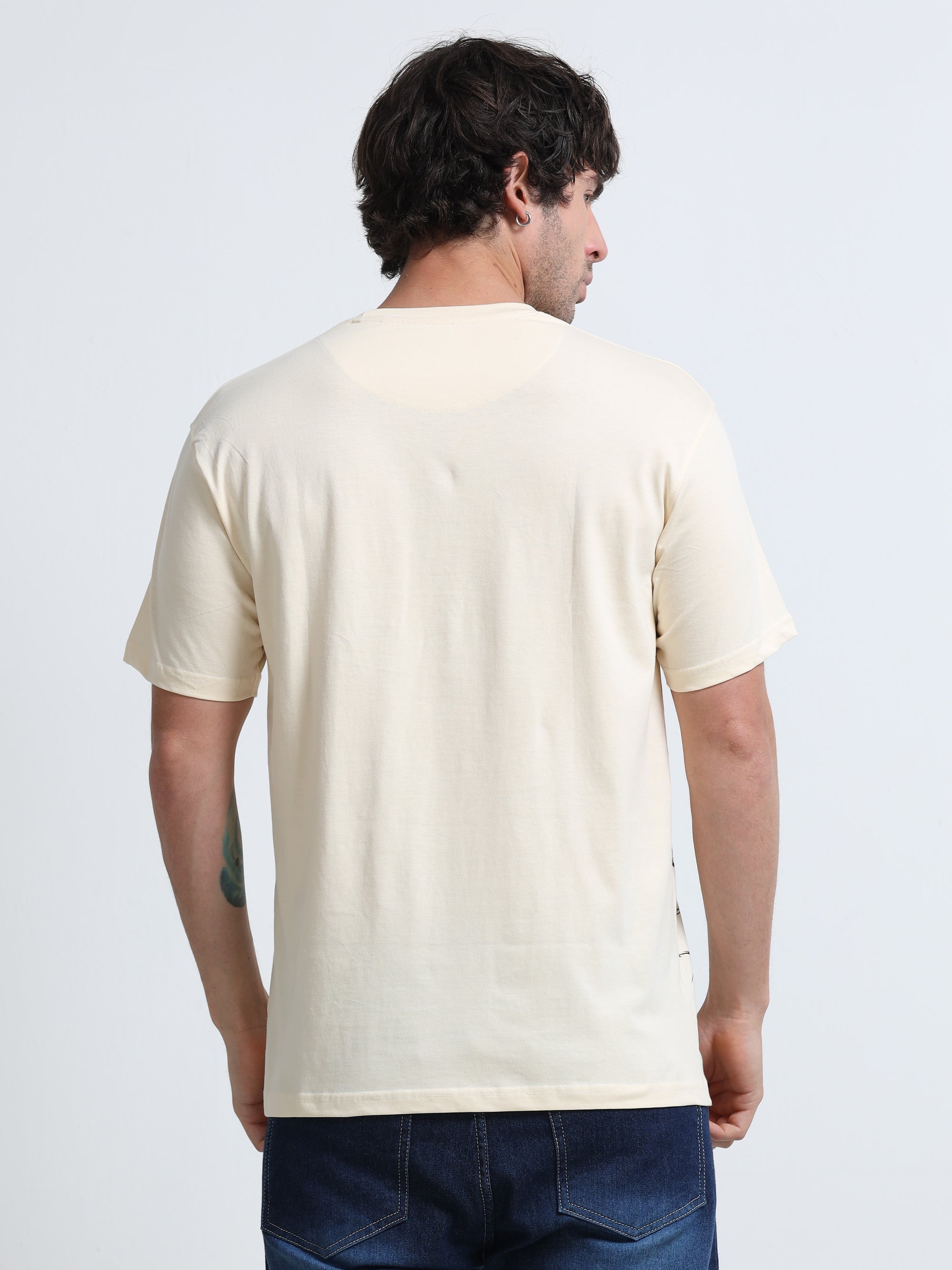 Cream Round Neck T-Shirt - 100% Cotton Bio Wash