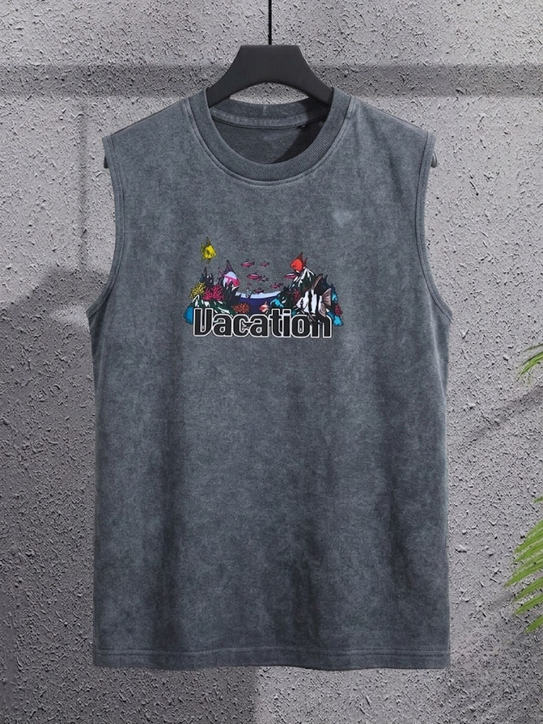 The Modvue Acid Wash Vacation Graphic Muscle Tank - Charcoal