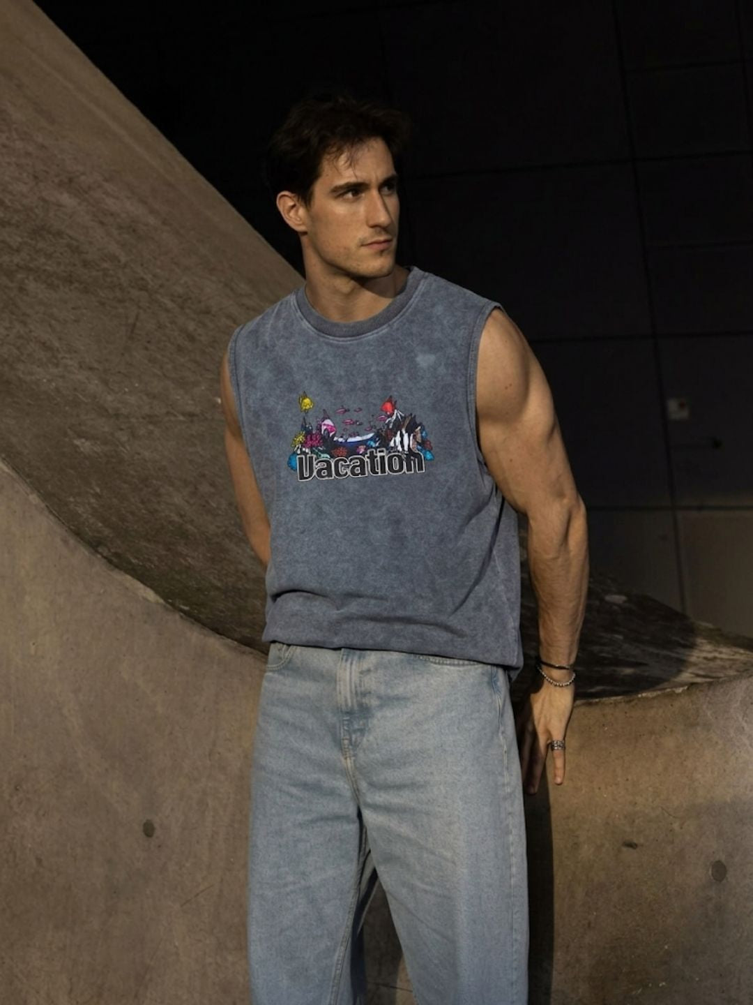 The Modvue Acid Wash Vacation Graphic Muscle Tank - Charcoal