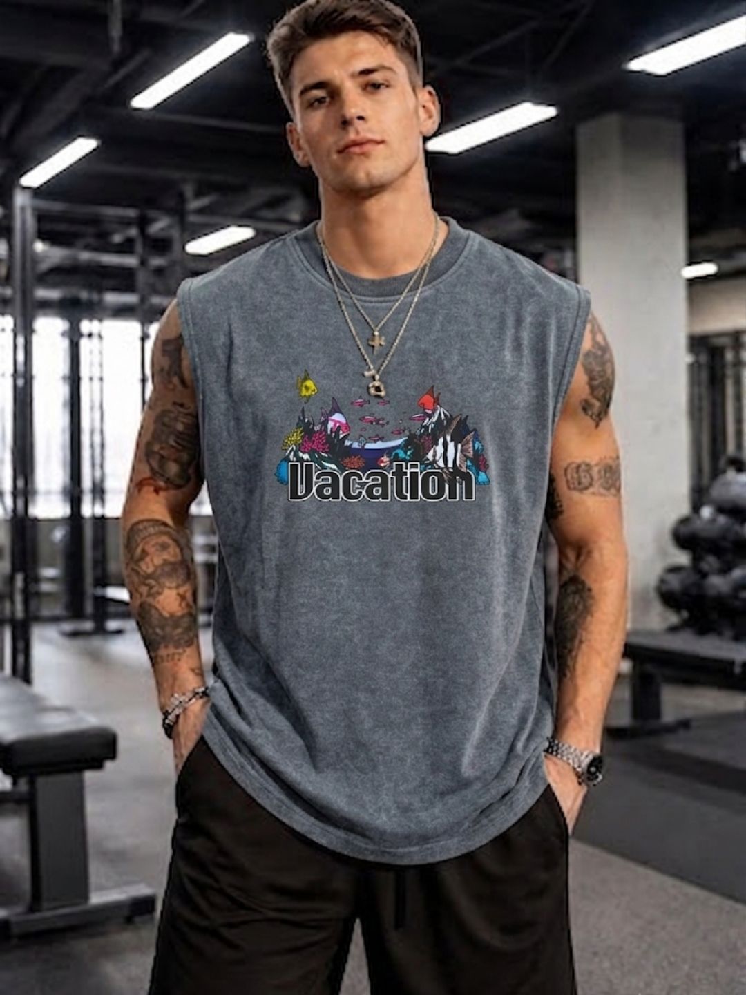 The Modvue Acid Wash Vacation Graphic Muscle Tank - Charcoal