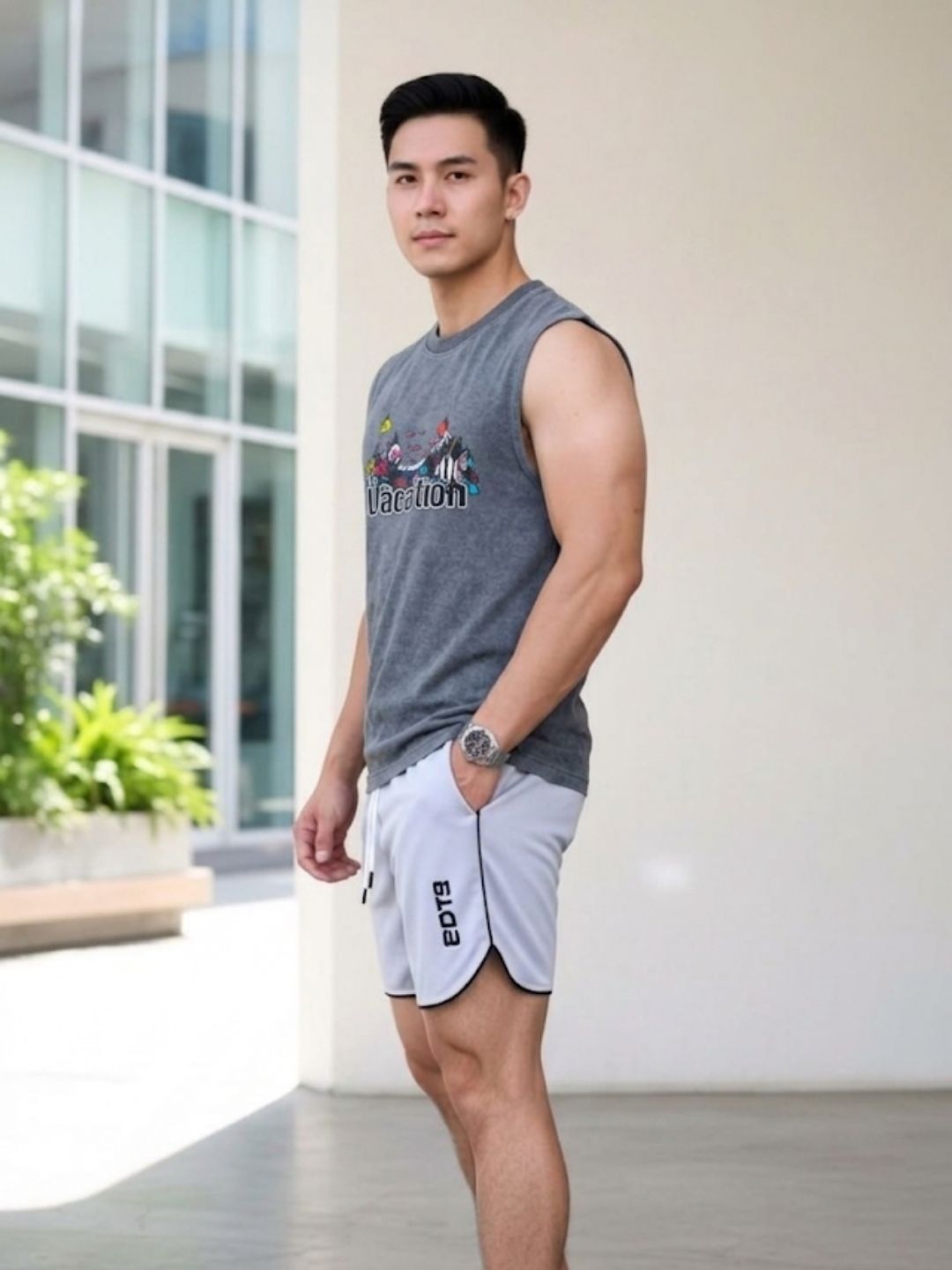 The Modvue Acid Wash Vacation Graphic Muscle Tank - Charcoal