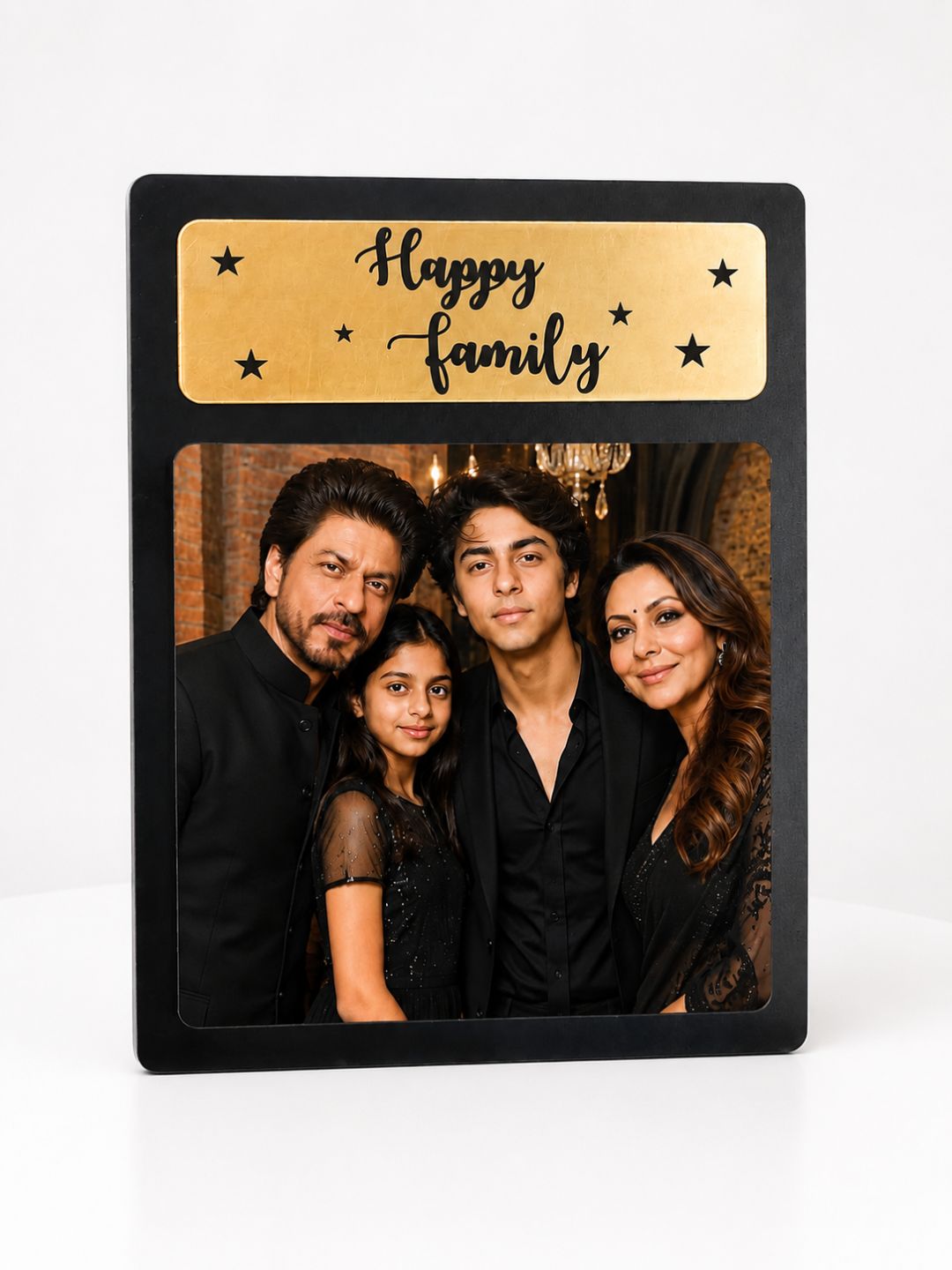 Personalized "Happy Family" Photo Frame | Elegant Black & Gold Custom Picture Plaque