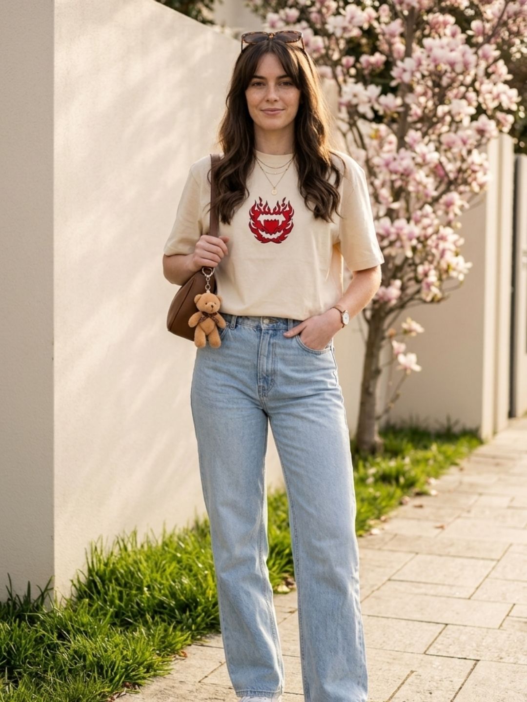 Crimson Aura Oversized Graphic Tee – Cream