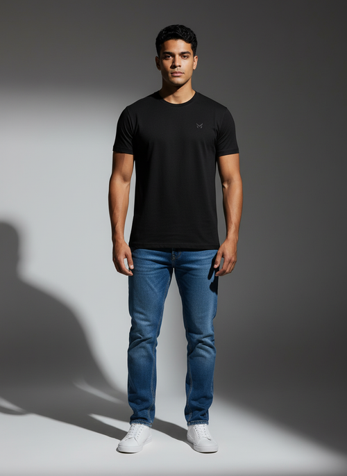 Black Round Neck Bio Wash Single Jersey