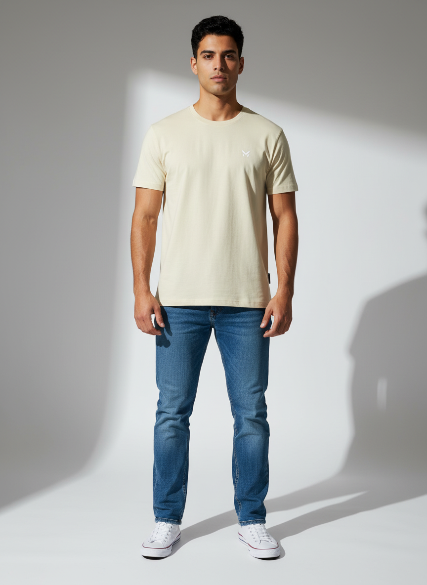 Cream Round Neck Bio Wash Single Jersey