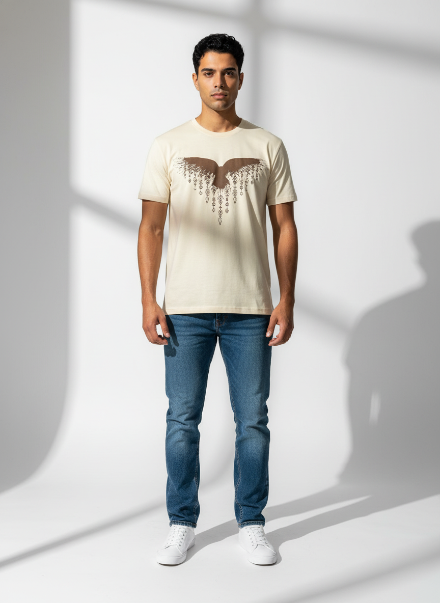 Cream Round Neck T-Shirt - Bio Wash Cotton