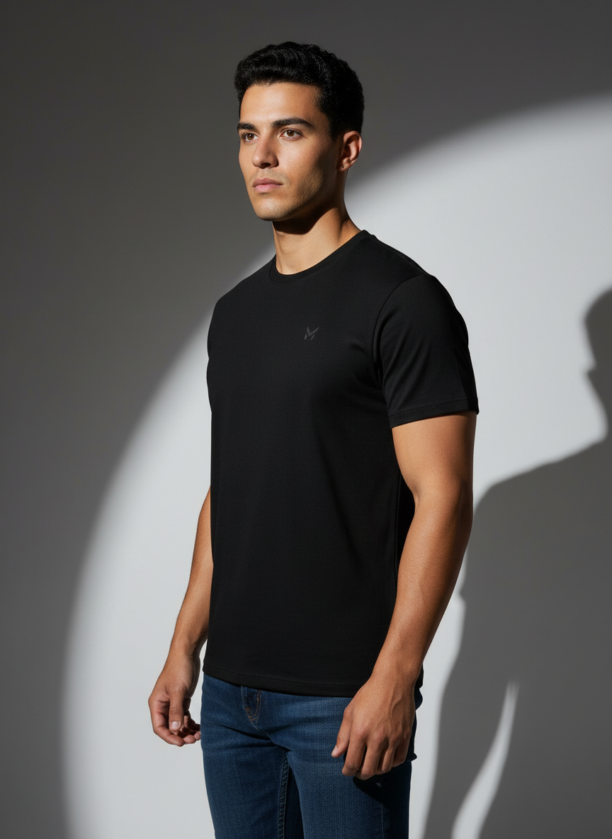 Black Round Neck Bio Wash Single Jersey