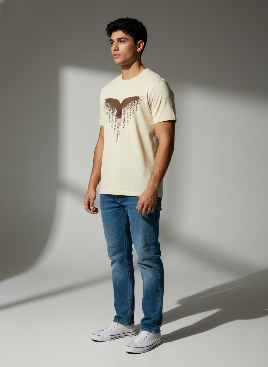 Cream Round Neck T-Shirt - Bio Wash Cotton