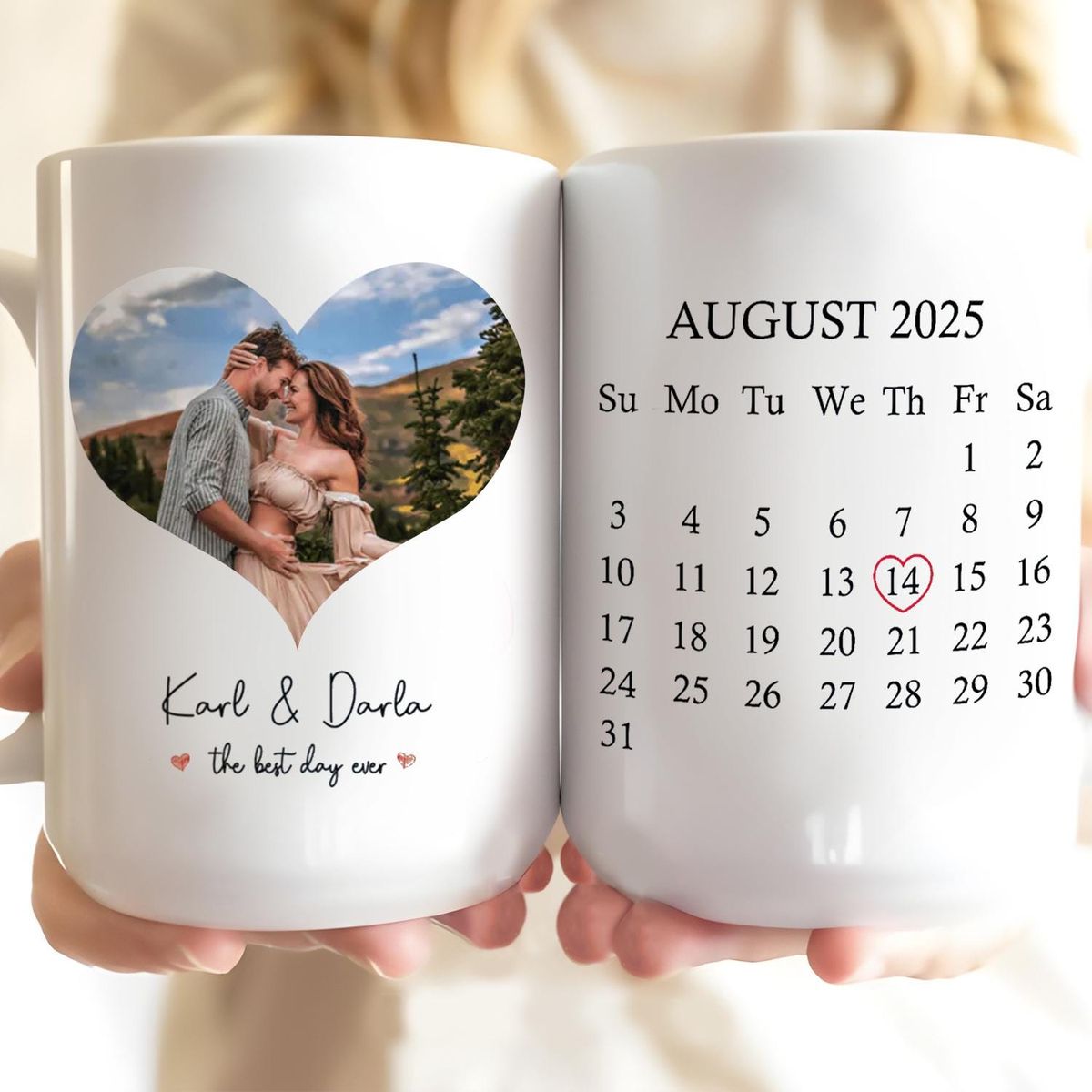 Personalised couple photo heart mug with custom calendar date and names