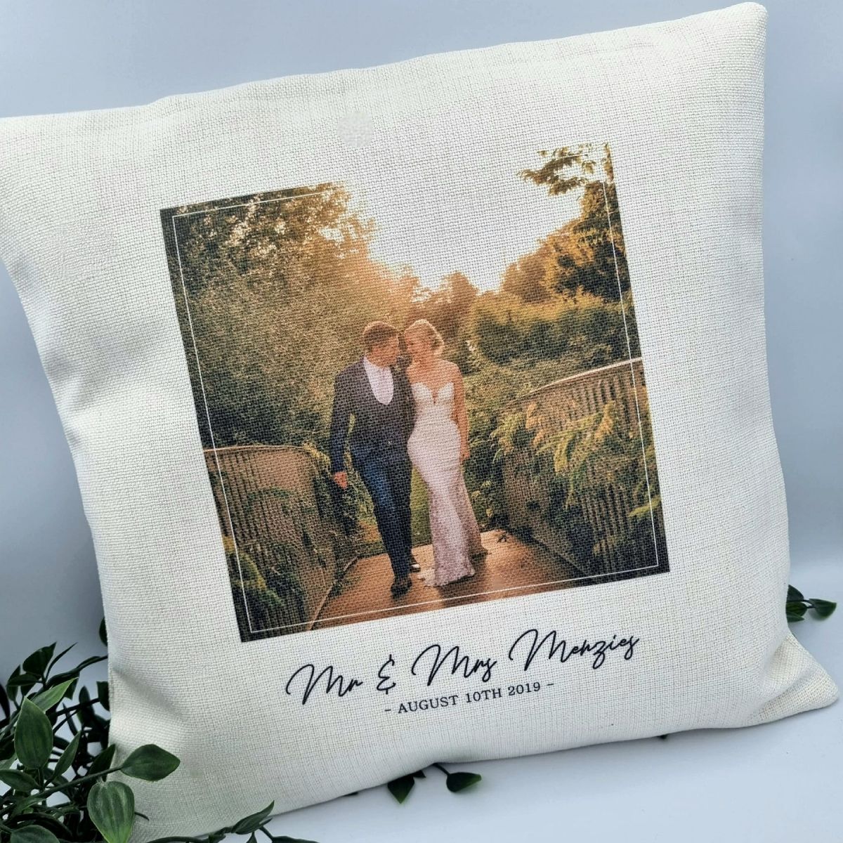 Personalised single photo linen cushion with Mr and Mrs name and wedding date in cursive script