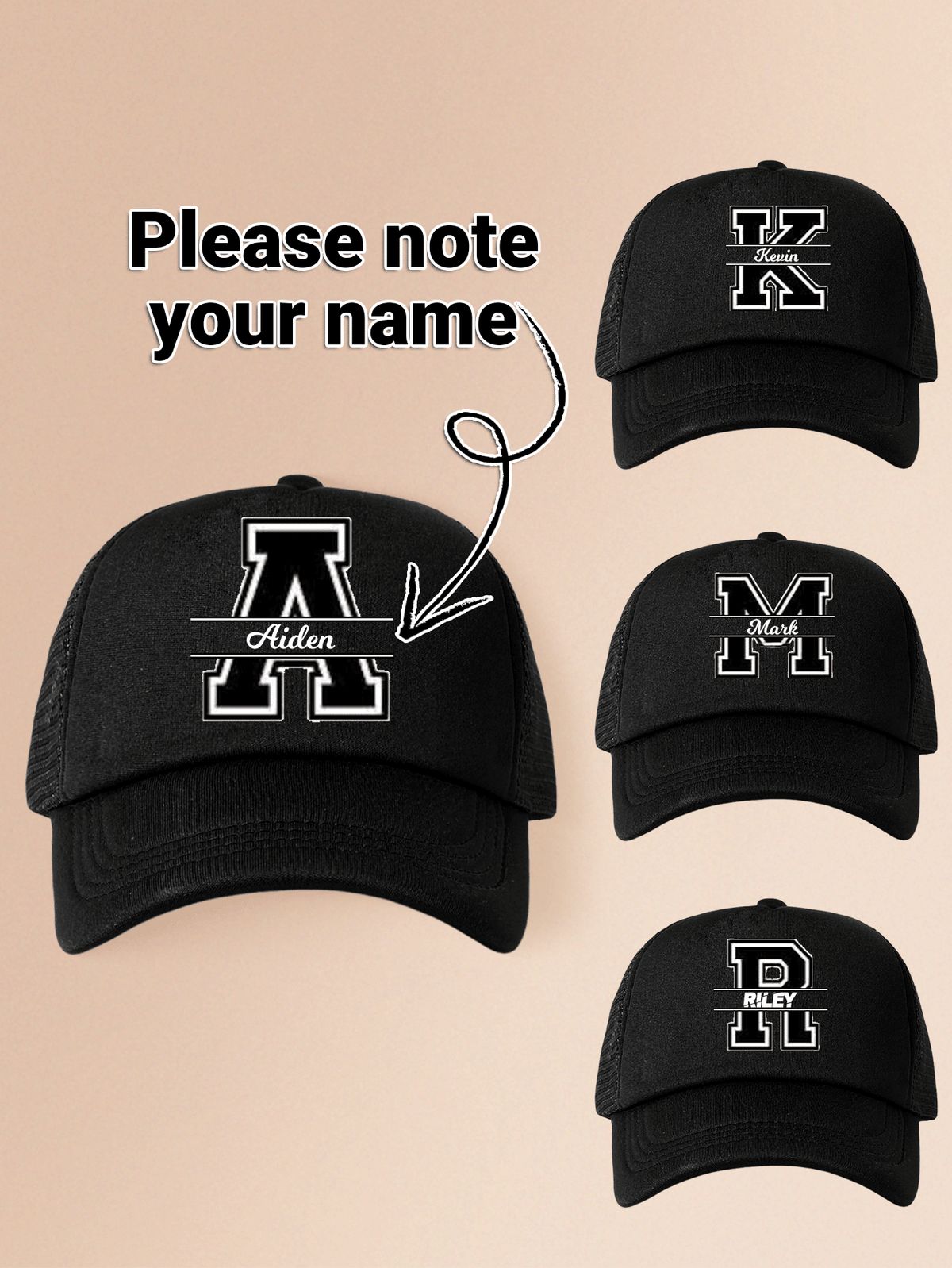 Personalised initial and name black trucker cap with bold varsity letter print