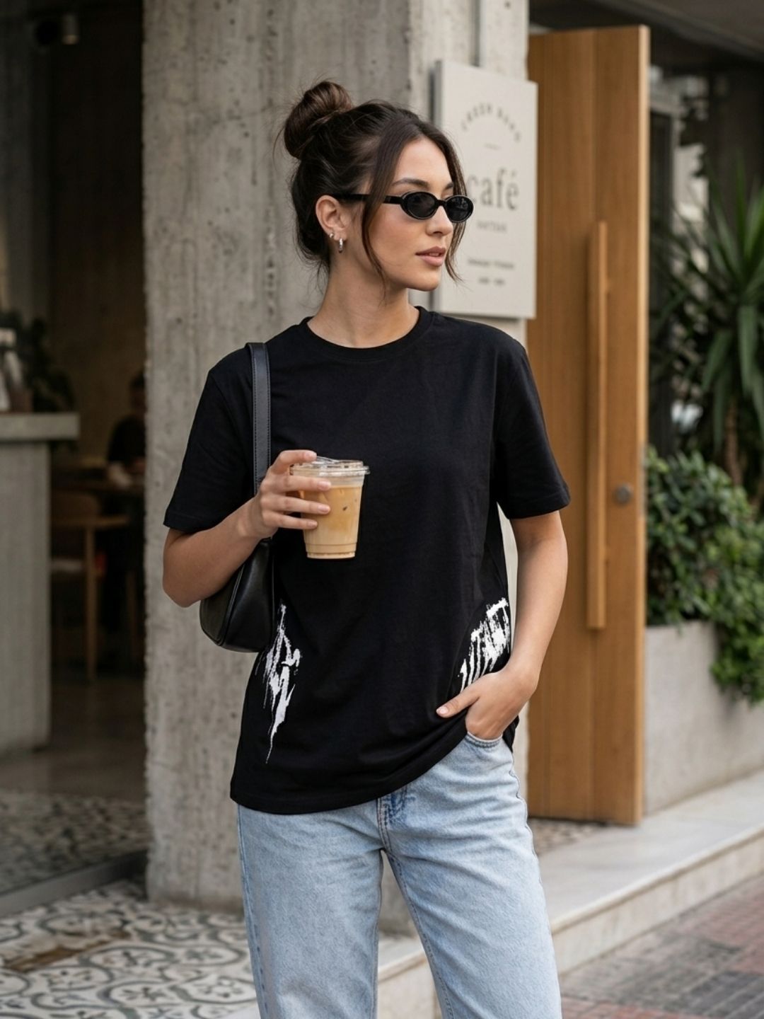 Gothic Arc Side Print Oversized Tee – Black