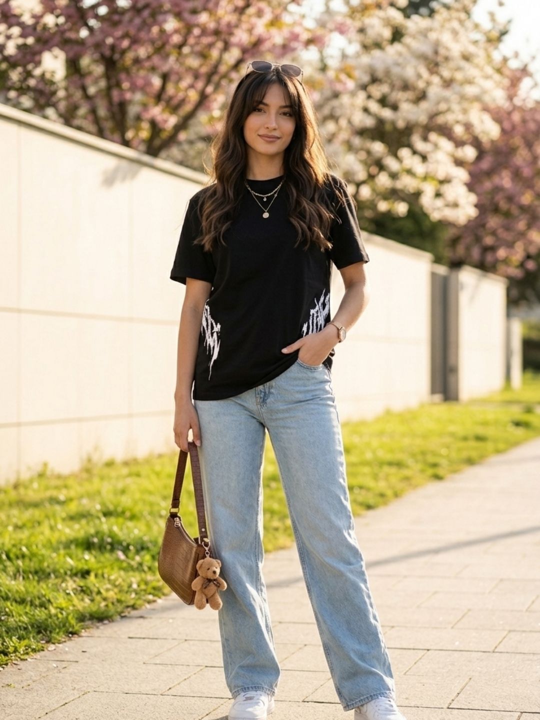 Gothic Arc Side Print Oversized Tee – Black