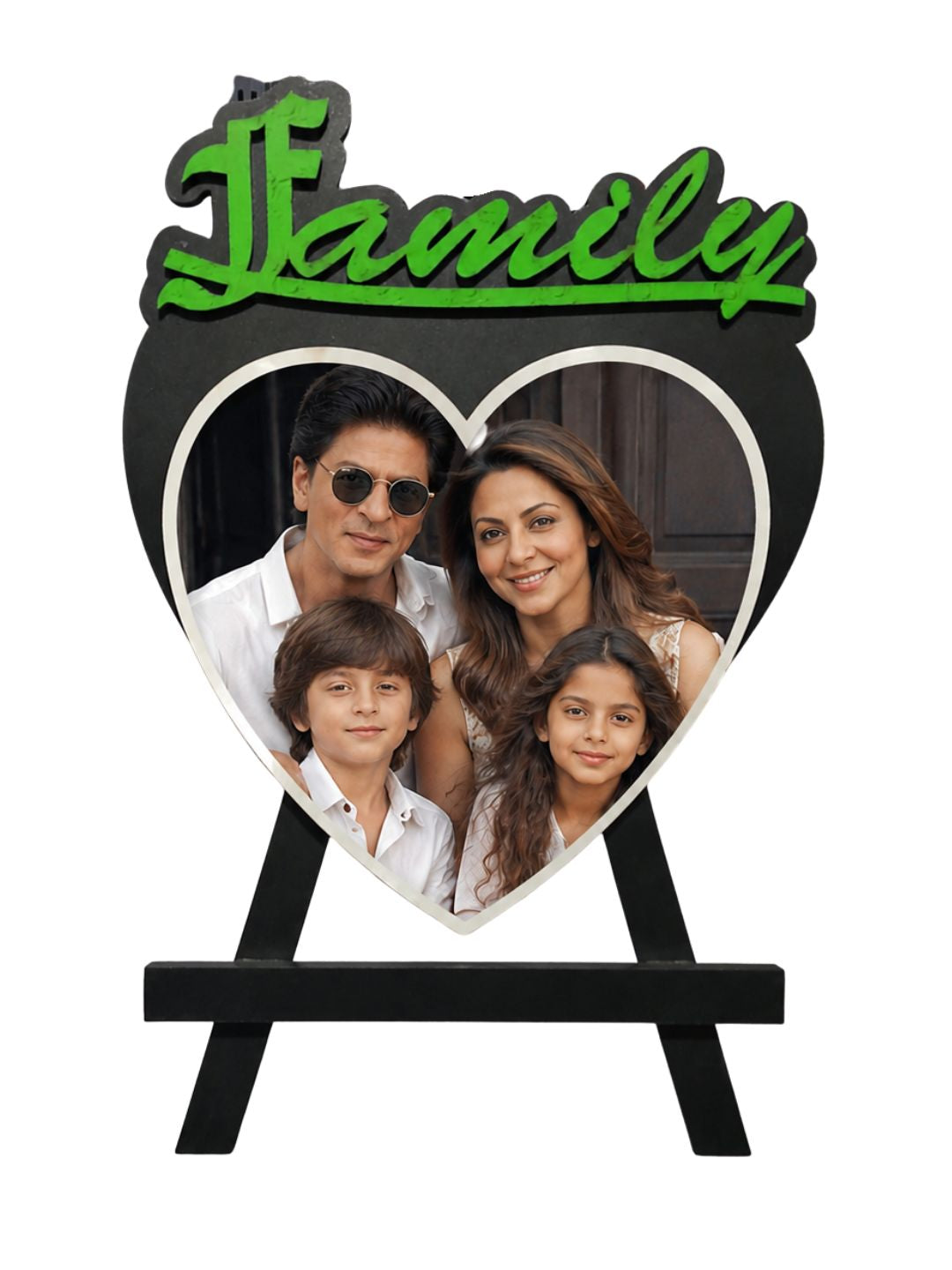 Personalized "Family" Heart Photo Plaque with Easel Stand | Custom Wooden Picture Display