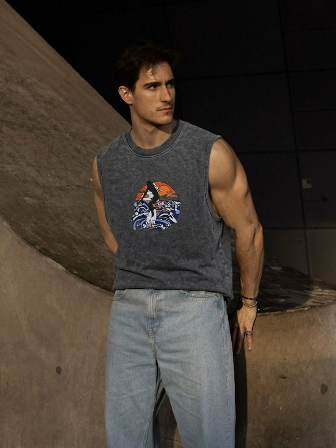 The Modvue Acid Wash Surfer Graphic Muscle Tank - Charcoal