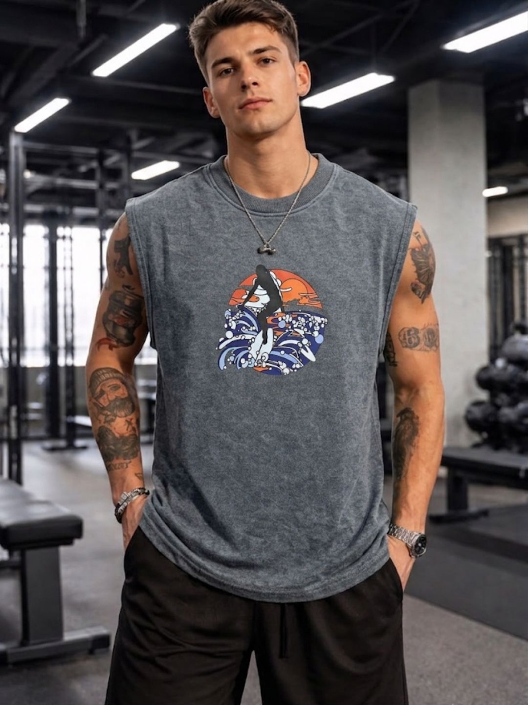 The Modvue Acid Wash Surfer Graphic Muscle Tank - Charcoal