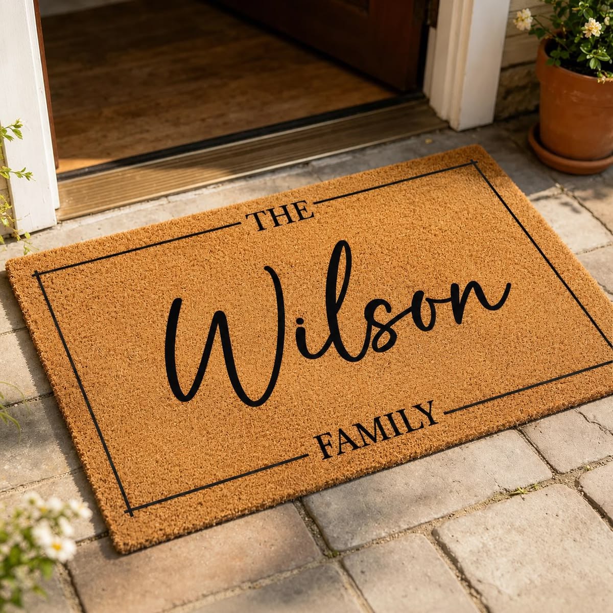 Personalised family name coir doormat with cursive script The Wilson Family at front door