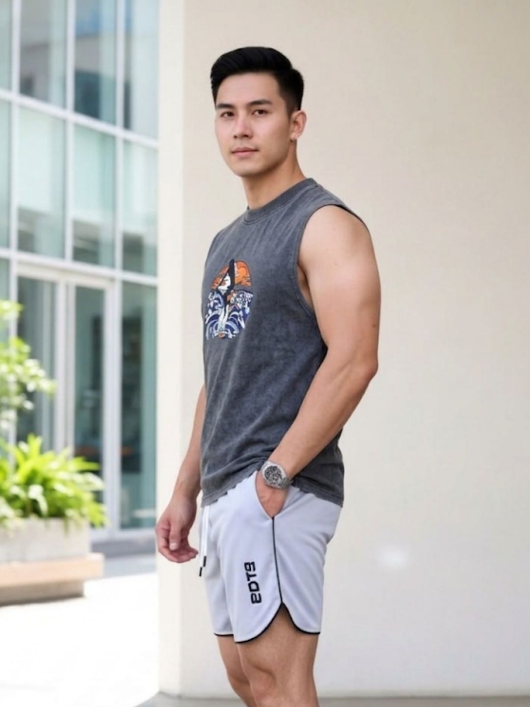 The Modvue Acid Wash Surfer Graphic Muscle Tank - Charcoal