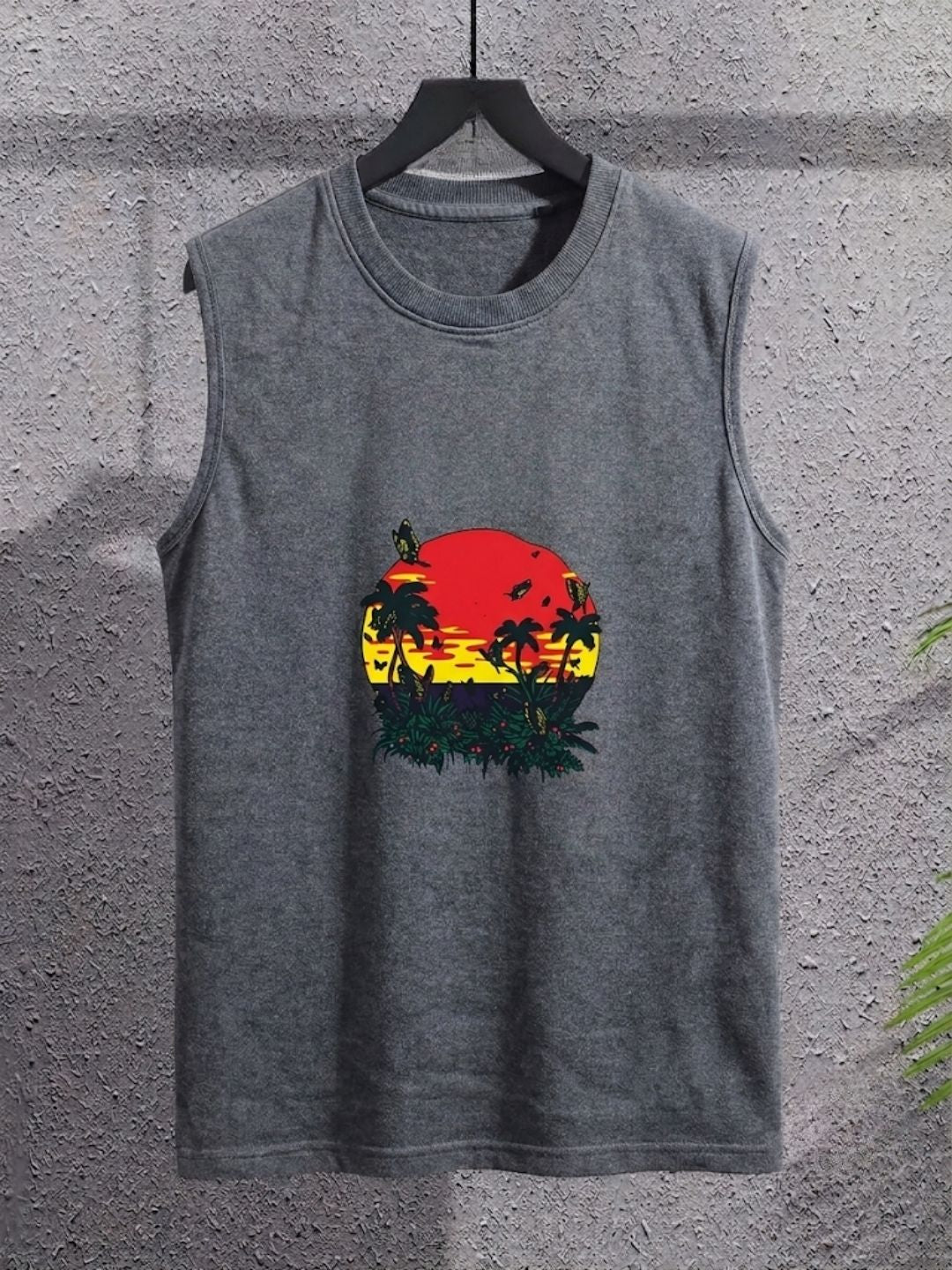 The Modvue Tropical Sunset Graphic Muscle Tank - Heather Grey