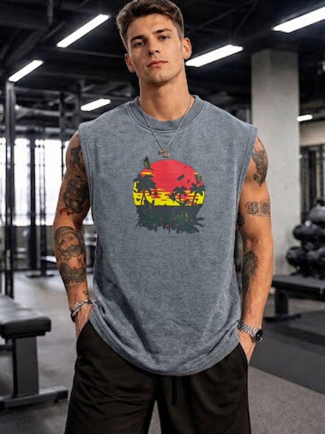 Dark heather grey muscle tank top featuring a vibrant retro tropical sunset and palm tree graphic by The Modvue.