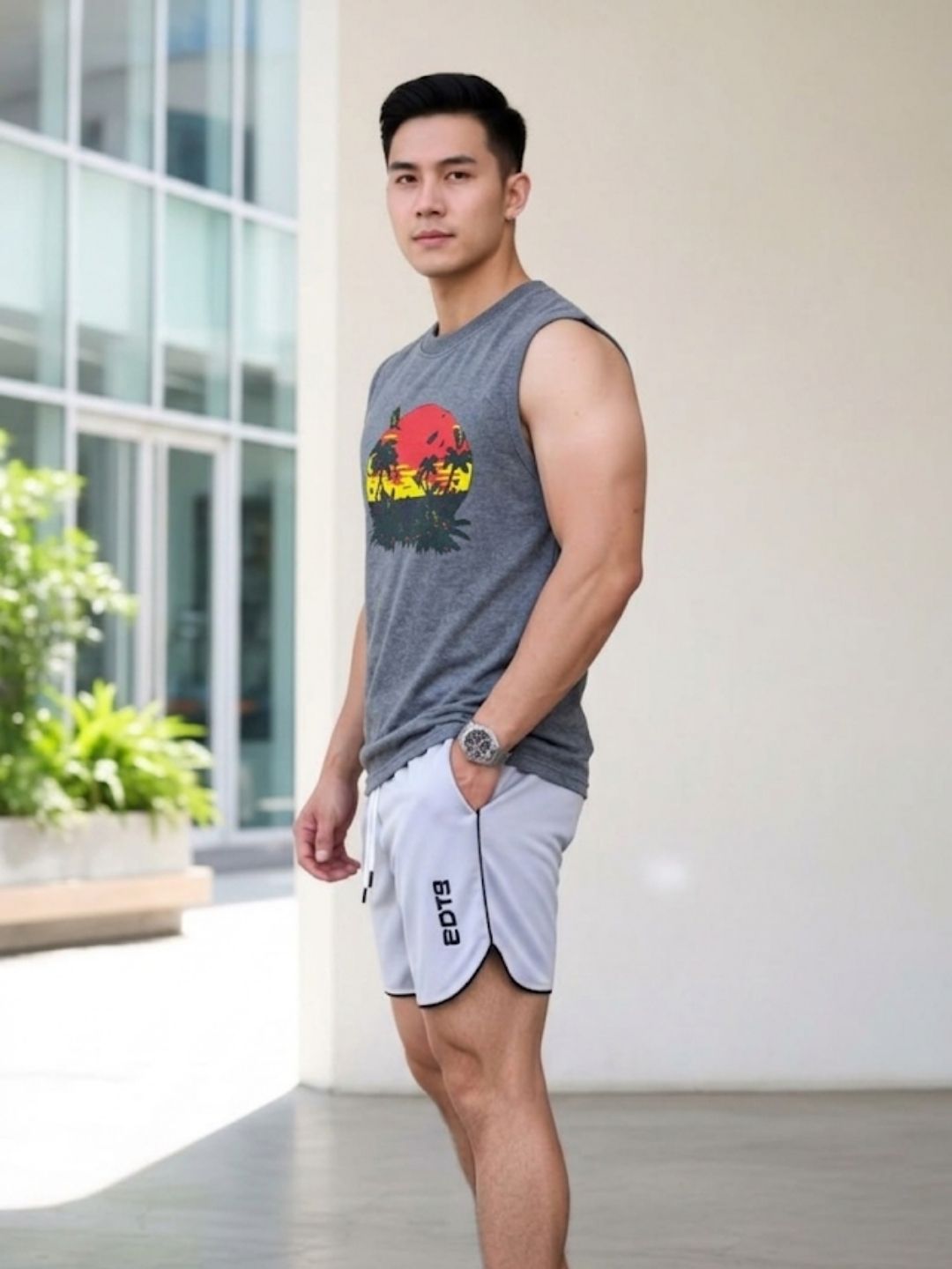The Modvue Tropical Sunset Graphic Muscle Tank - Heather Grey