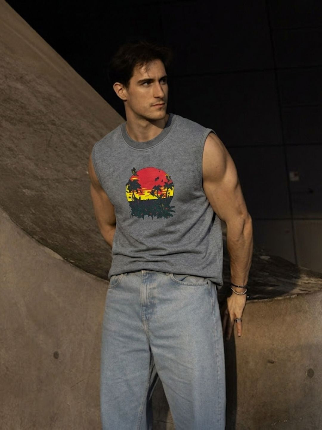 The Modvue Tropical Sunset Graphic Muscle Tank - Heather Grey