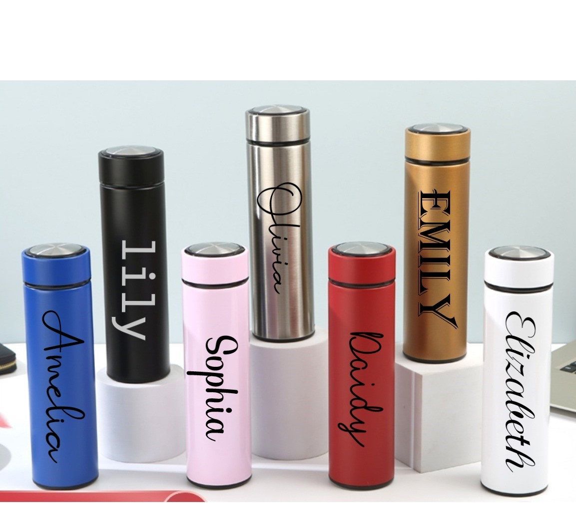 Personalised name insulated water bottle in 7 colours blue black pink silver red gold white