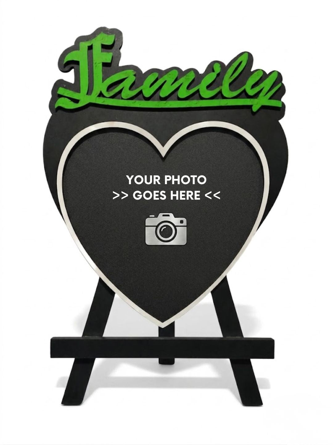 Personalized "Family" Heart Photo Plaque with Easel Stand | Custom Wooden Picture Display