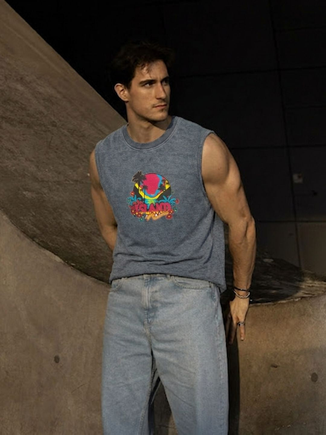 The Modvue Neon Island Graphic Muscle Tank - Heather Grey