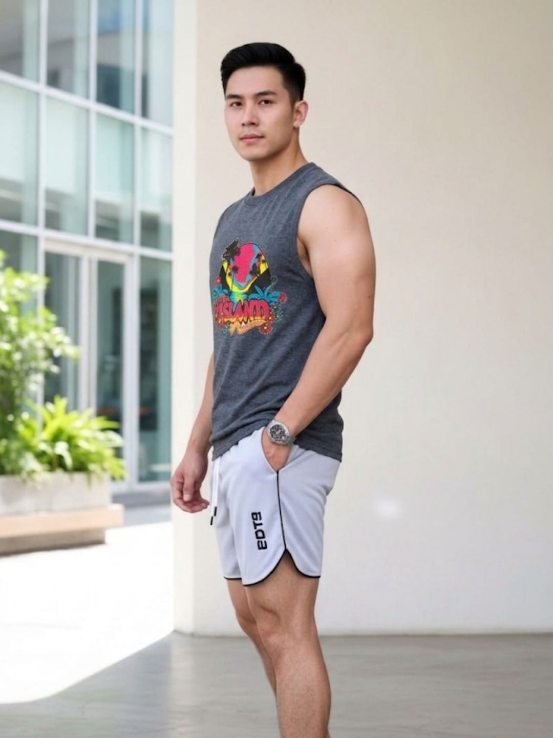 The Modvue Neon Island Graphic Muscle Tank - Heather Grey