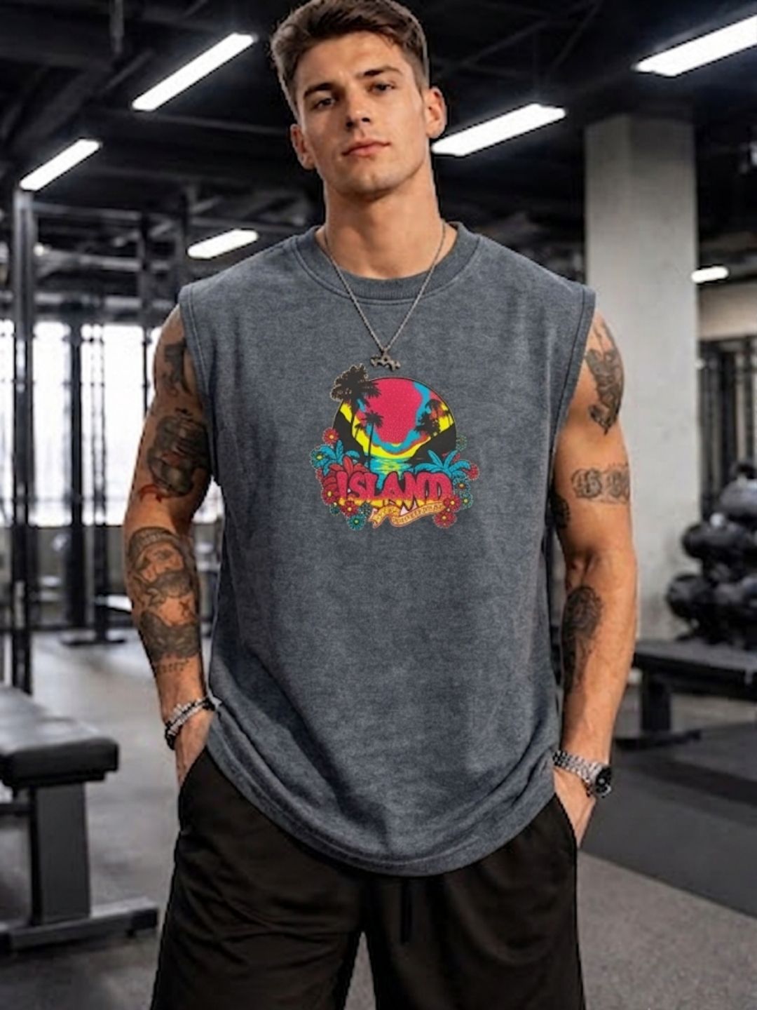 Dark heather grey muscle tank top featuring a bright neon retro Island, palm tree, and floral graphic by The Modvue.