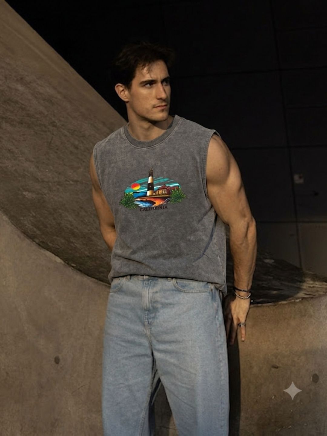 The Modvue Acid Wash California Lighthouse Muscle Tank - Charcoal