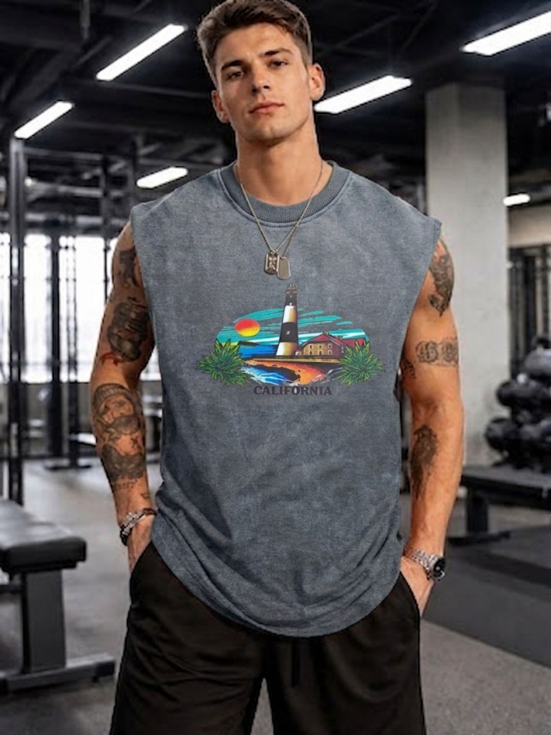 The Modvue Acid Wash California Lighthouse Muscle Tank - Charcoal