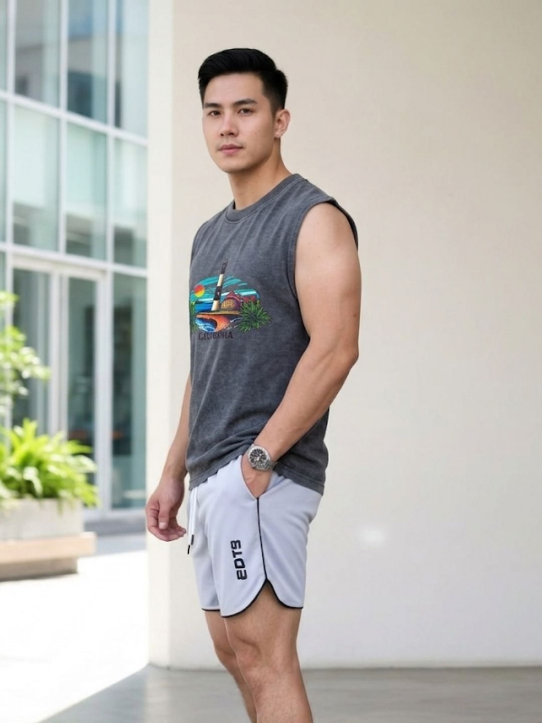 The Modvue Acid Wash California Lighthouse Muscle Tank - Charcoal