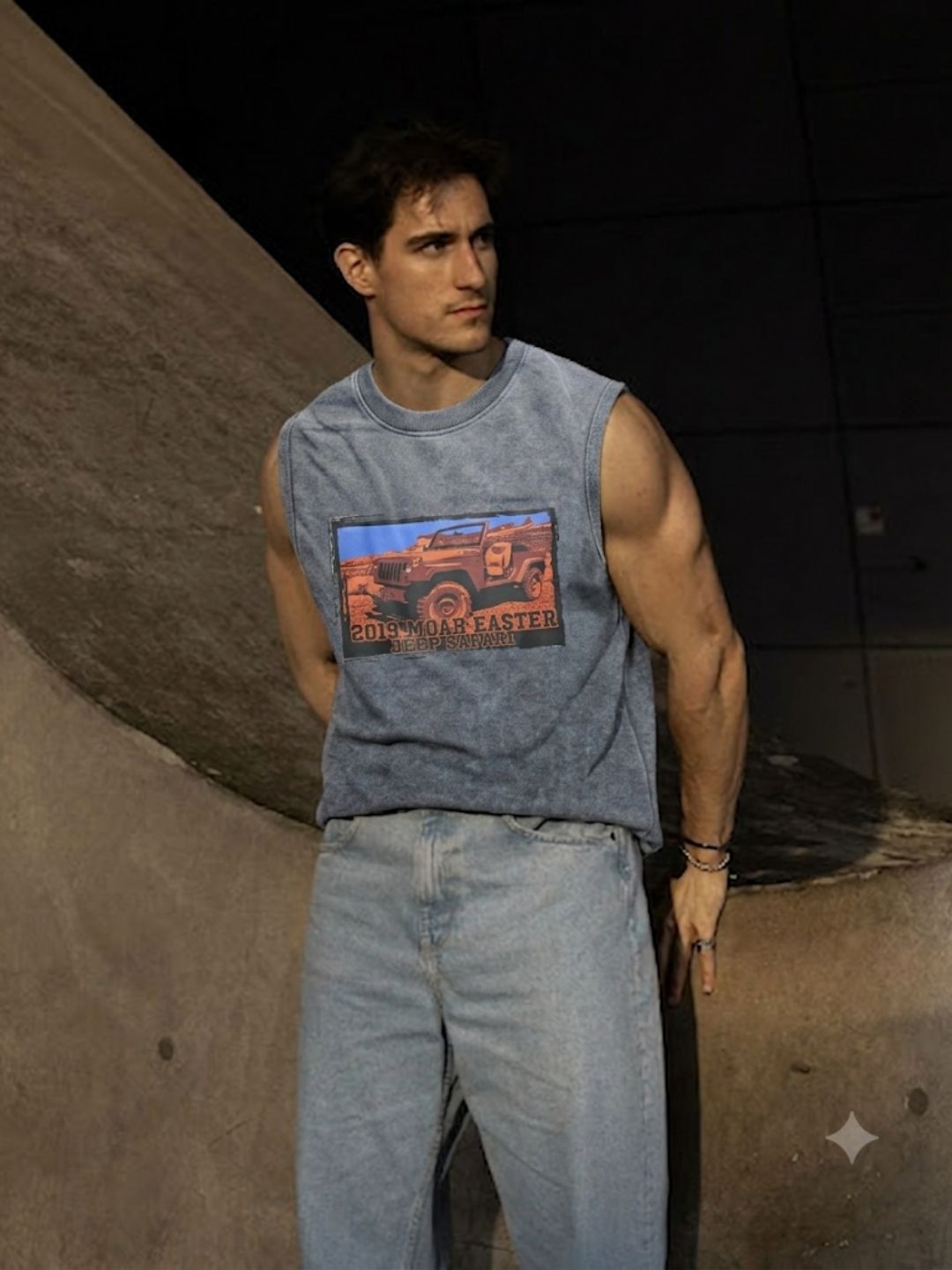 The Modvue Vintage Moab Safari Graphic Muscle Tank - Acid Wash Grey