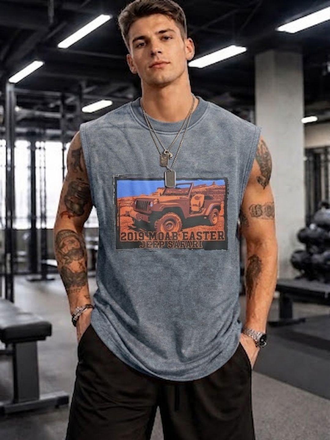 The Modvue Vintage Moab Safari Graphic Muscle Tank - Acid Wash Grey