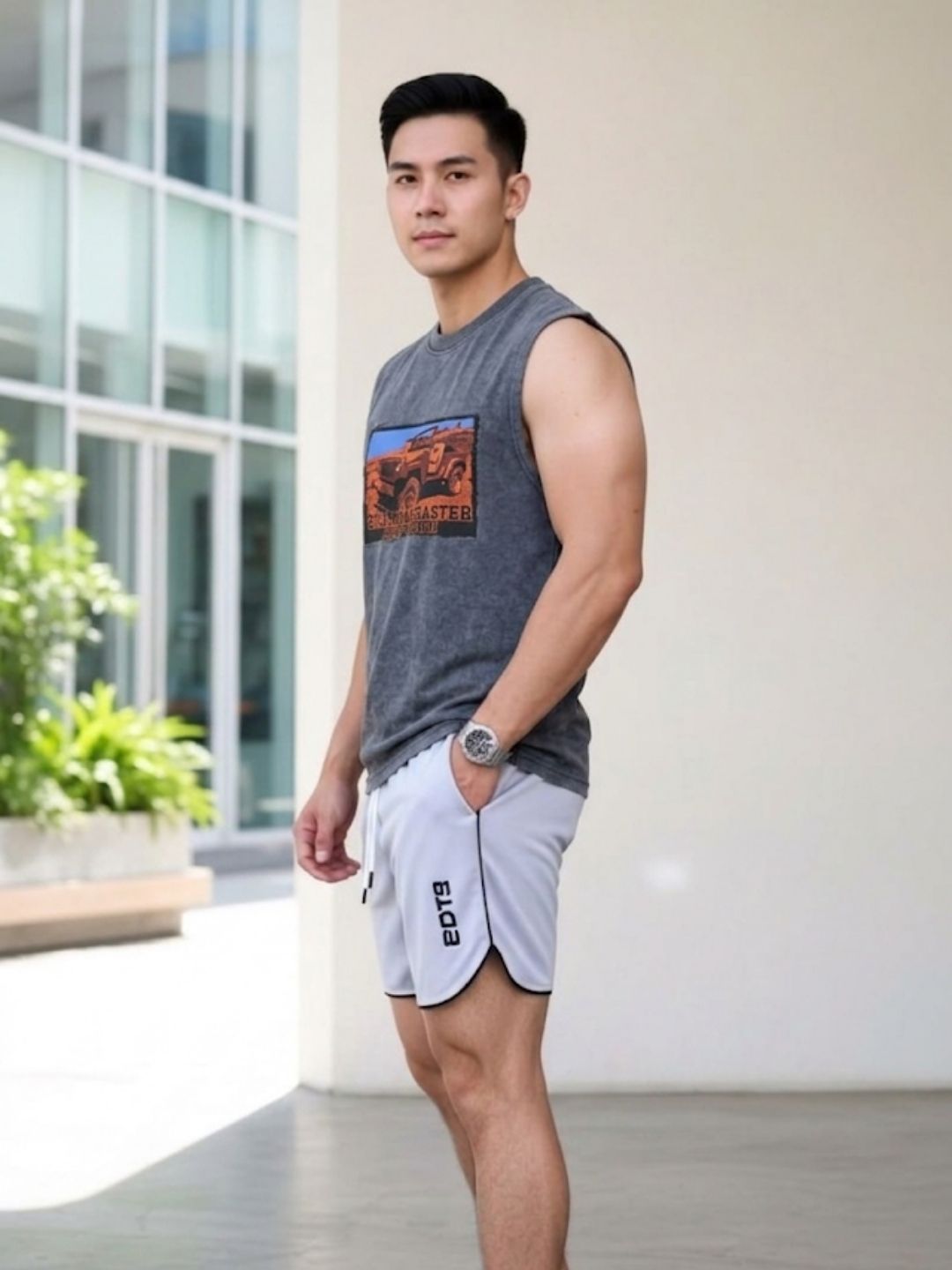 The Modvue Vintage Moab Safari Graphic Muscle Tank - Acid Wash Grey
