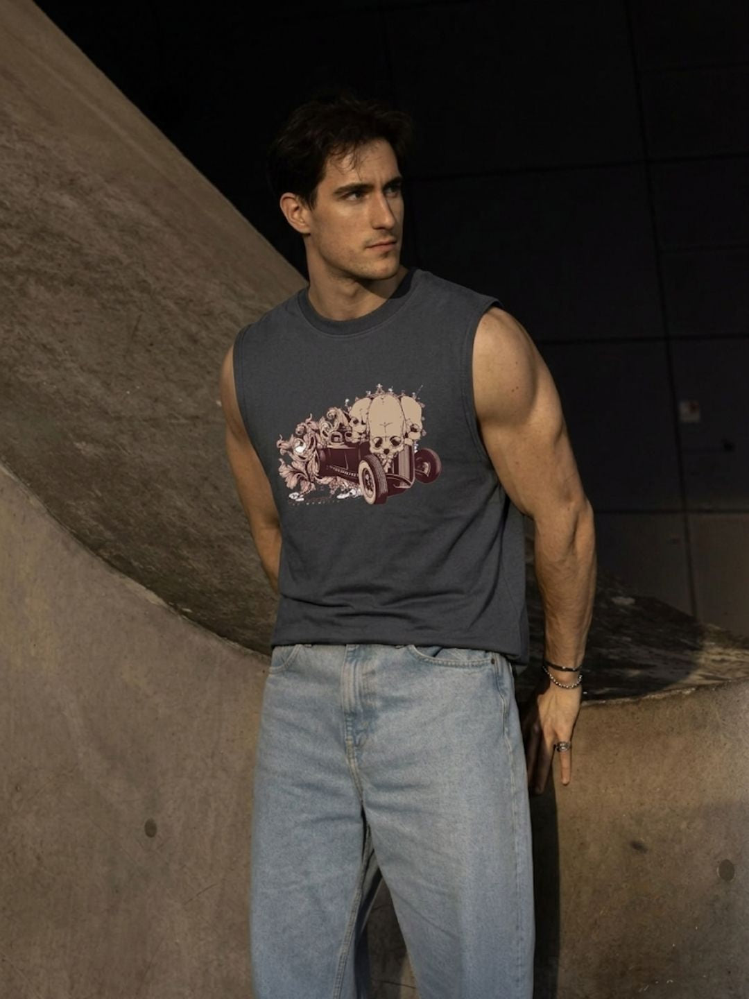 The Modvue Skull Hot Rod Graphic Muscle Tank - Heather Grey