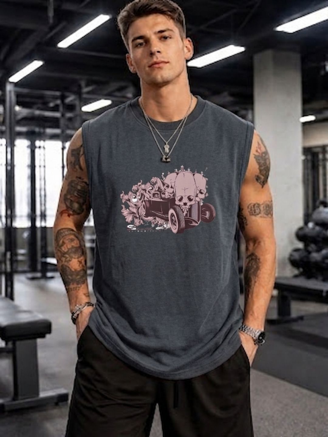 The Modvue Skull Hot Rod Graphic Muscle Tank - Heather Grey
