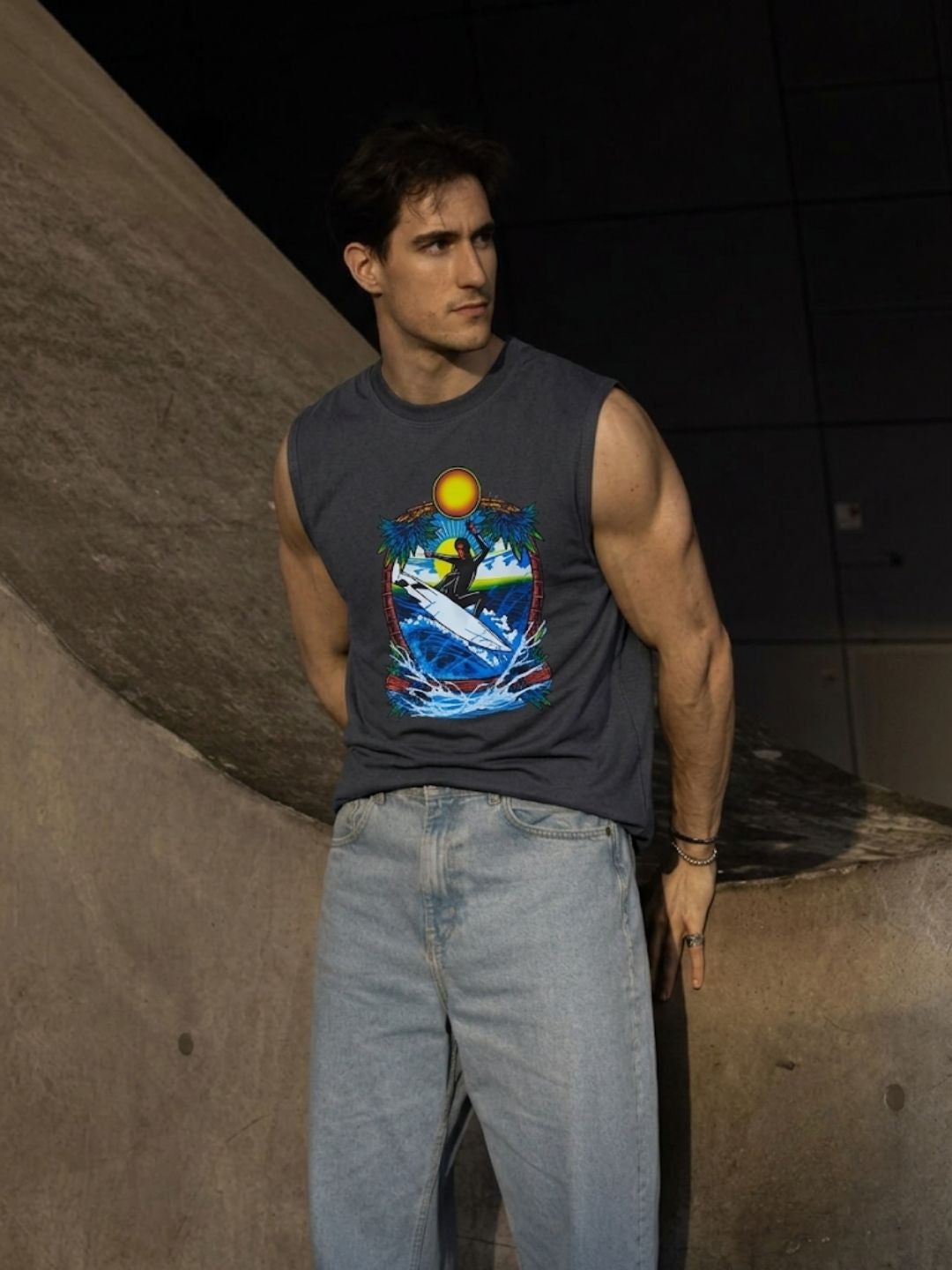 Vintage Wave Rider Sleeveless Tee | Charcoal | The Modvue