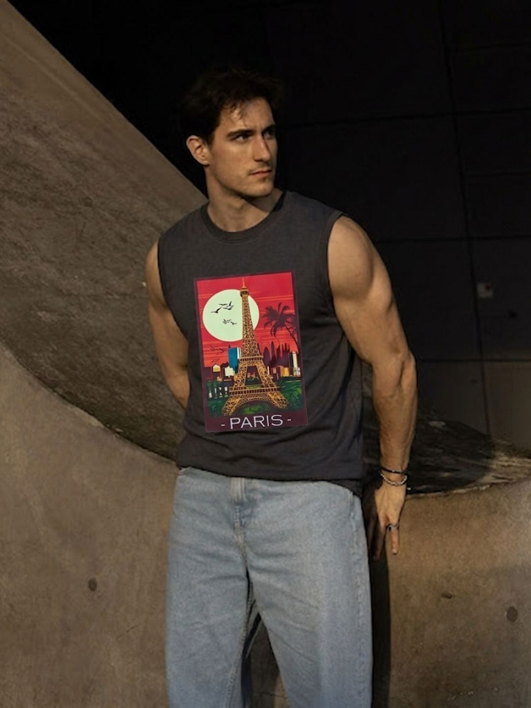 The Modvue Vintage Paris Graphic Muscle Tank - Dark Grey