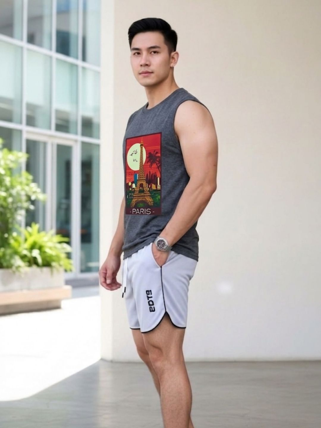 The Modvue Vintage Paris Graphic Muscle Tank - Dark Grey