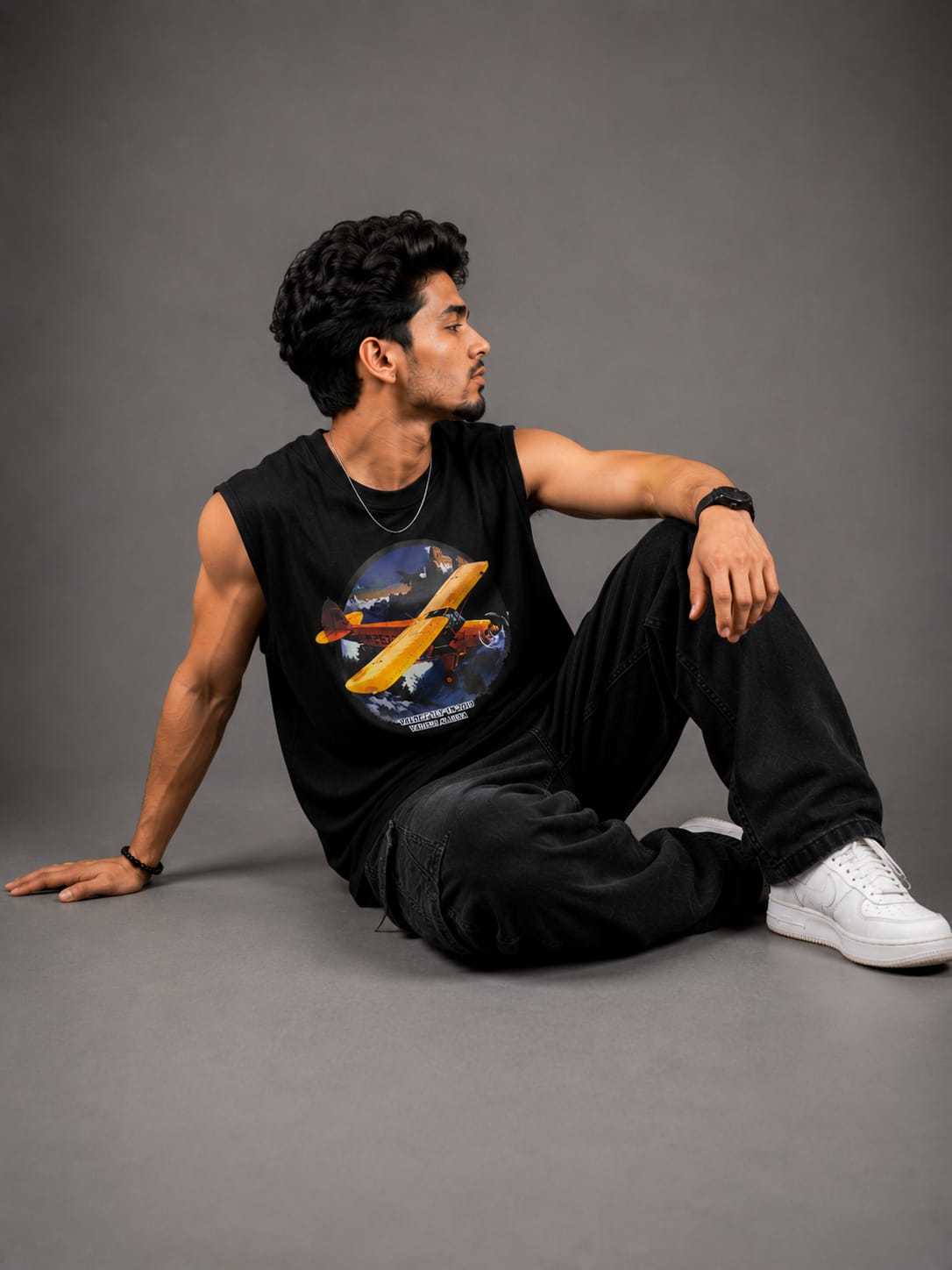 Retro Aviator Graphic Sleeveless T-Shirt - Black