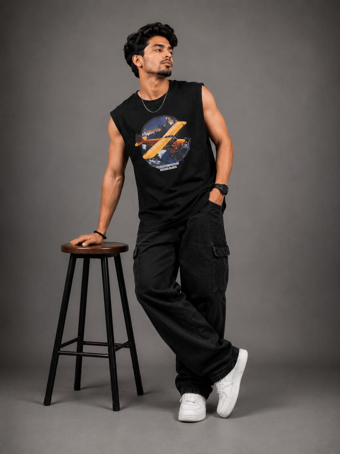 Retro Aviator Graphic Sleeveless T-Shirt - Black