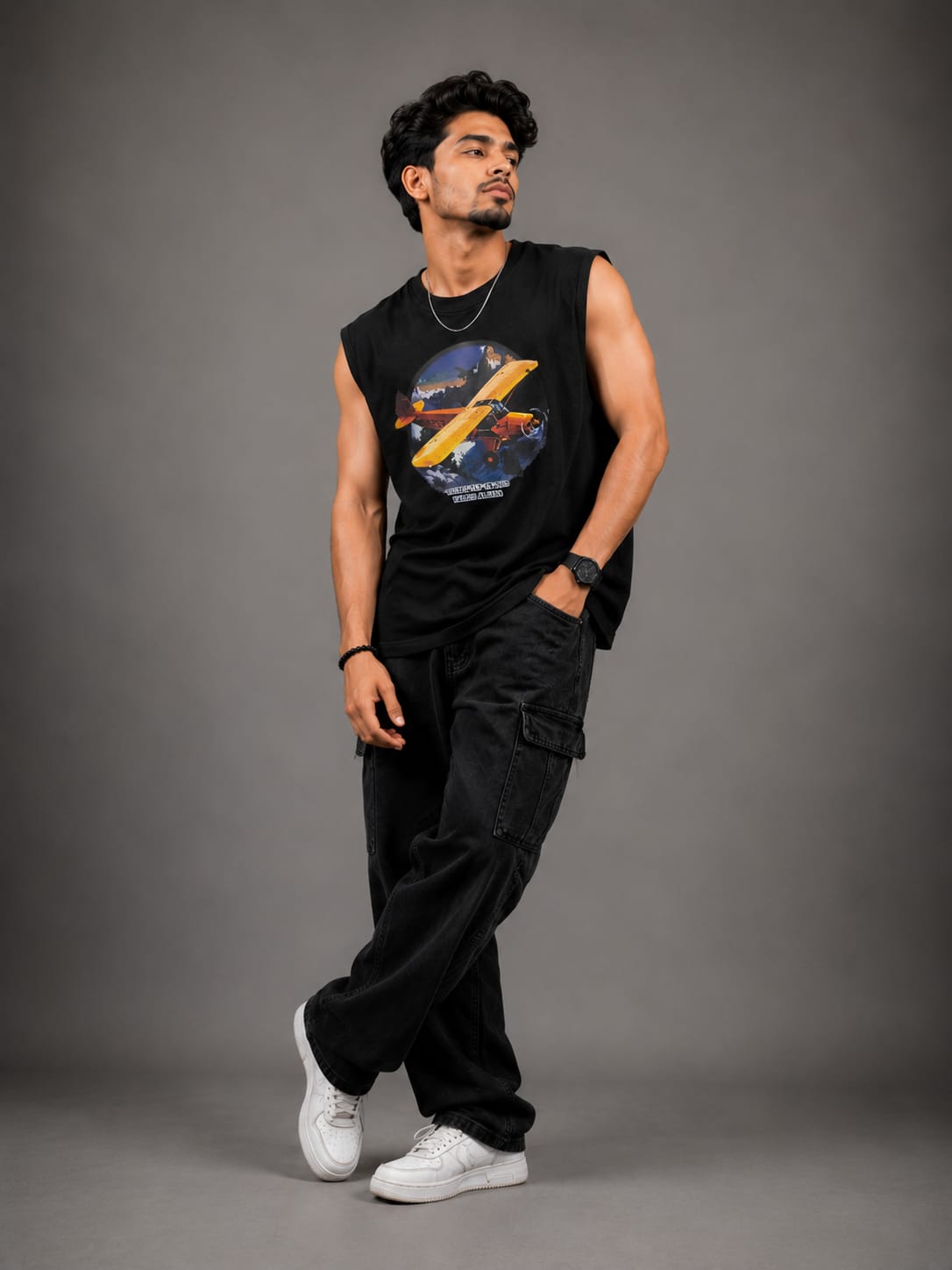 Retro Aviator Graphic Sleeveless T-Shirt - Black