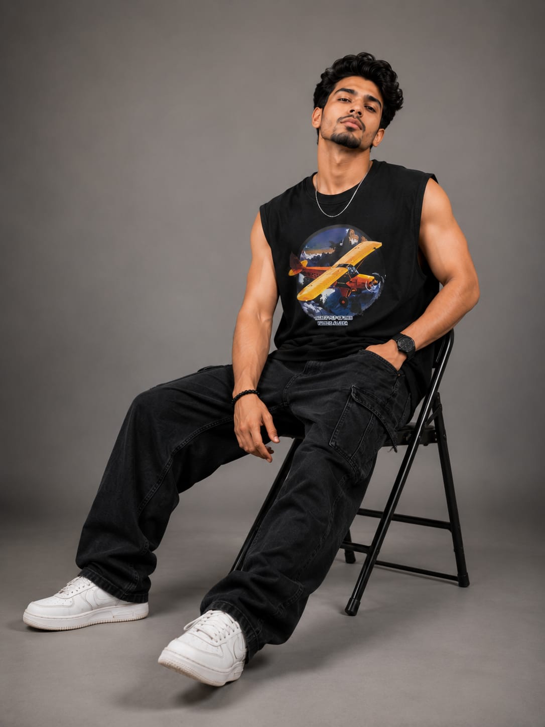 Retro Aviator Graphic Sleeveless T-Shirt - Black