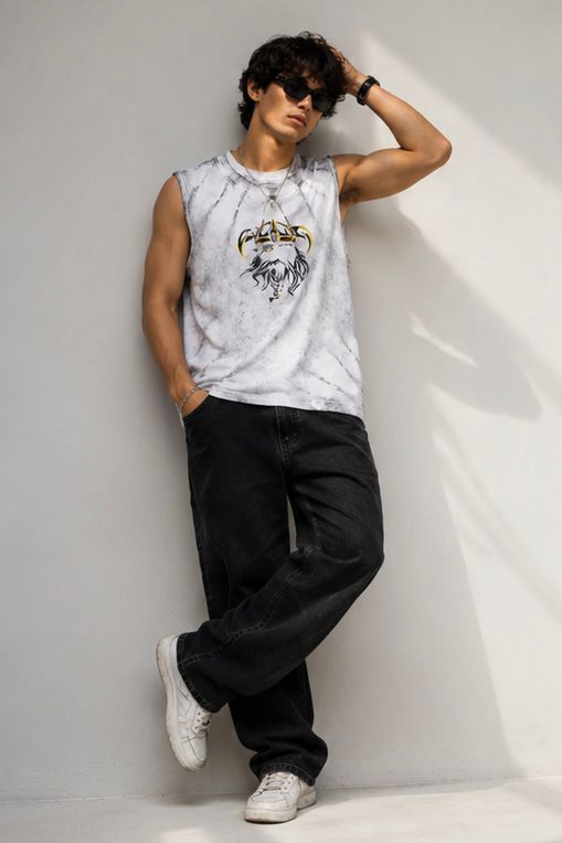 Men's Acid Wash Viking Graphic Muscle Tee | White Streetwear Tank Top