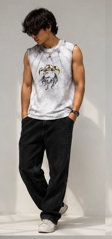 Men's Acid Wash Viking Graphic Muscle Tee | White Streetwear Tank Top
