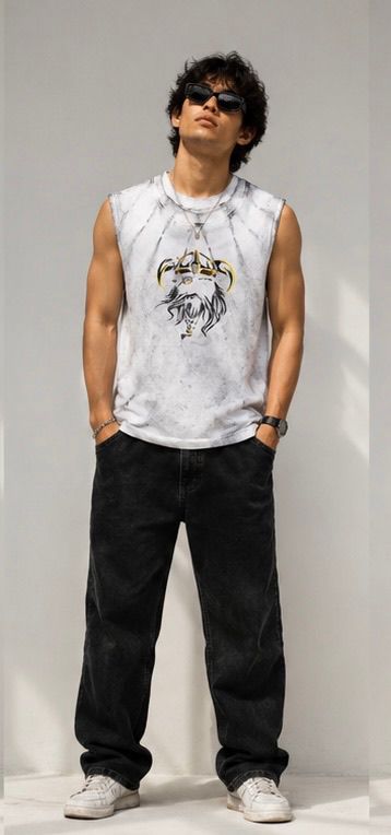 Men's Acid Wash Viking Graphic Muscle Tee | White Streetwear Tank Top